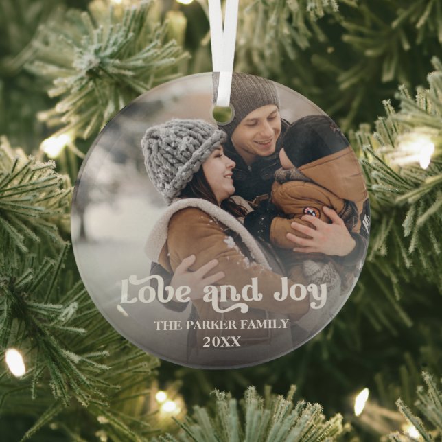 Love & Joy fancy overlay text photo glass ornament (Insitu)