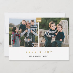 Love & Joy Gold Modern Minimal 2 Photo Holiday Card