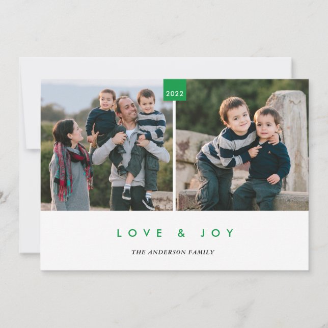 Love & Joy Green Modern Minimal 2 Photo Holiday Card (Front)