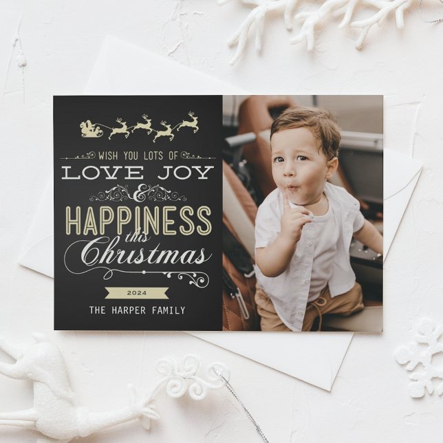 LOVE JOY HAPPINESS CHALKBOARD CHRISTMAS PHOTO CARD (Creator Uploaded)