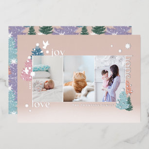 Love Joy Hope Pastel Christmas Tree Forest 3 Photo Foil Holiday Card