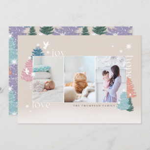 Love Joy Hope Pastel Christmas Tree Forest 3 Photo Holiday Card