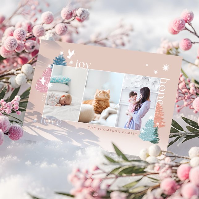 Love Joy Hope Pastel Christmas Tree Forest 3 Photo Holiday Card (Love Joy Hope Pastel Christmas Tree Forest 3 Photo Holiday Card)