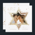 Love Joy Light Elegant Gold Star of David Photo Holiday Card<br><div class="desc">Elegant Hanukkah star of David photo Hanukkah card featuring an elegant typography design "Love Joy Light" in faux gold. Sparkling gold stars create the star of David with a photo placeholder placed within the star of David. The reverse side features an elegant starry twinkling star of David design. Artwork by...</div>
