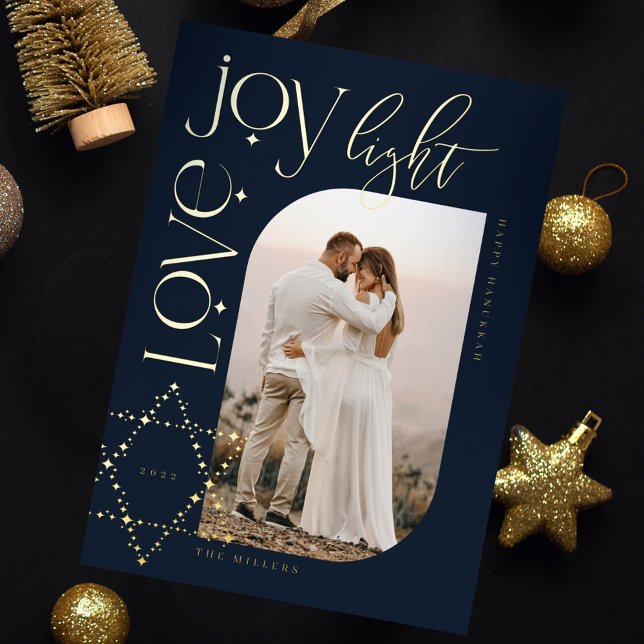 Love Joy Light Star of David Happy Hanukkah Photo Foil Holiday Card (Love Joy Light Star of David Happy Hanukkah Photo Foil Holiday Card)
