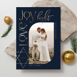 Love Joy Light Star of David Happy Hanukkah Photo Holiday Card<br><div class="desc">Elegant Hanukkah photo card featuring an elegant typography design "Love Joy Light" in faux gold wrapped around an arch photo frame. Sparkling gold stars create the star of David. The reverse side features an elegant starry twinkling star of David pattern. Artwork by Moodthology Papery.</div>