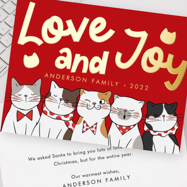 Love & Joy Modern Funny Cute Cats Caroling Foil Holiday Card (Creator Uploaded)