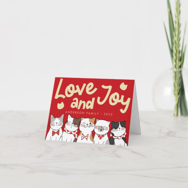 Love & Joy Modern Funny Cute Cats Caroling Holiday Card (Front)