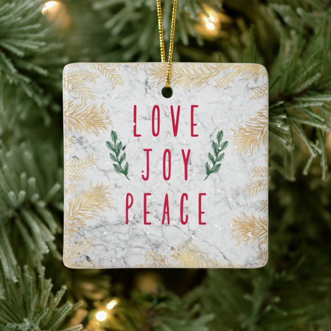 Love Joy Peace Christmas Flowers On Marble Ceramic Ornament (Tree)