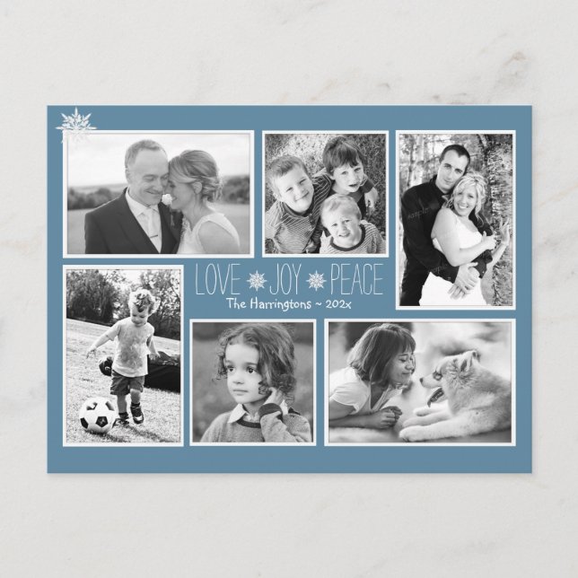 Love Joy Peace Christmas Multi Photo Colonial Blue Postcard (Front)