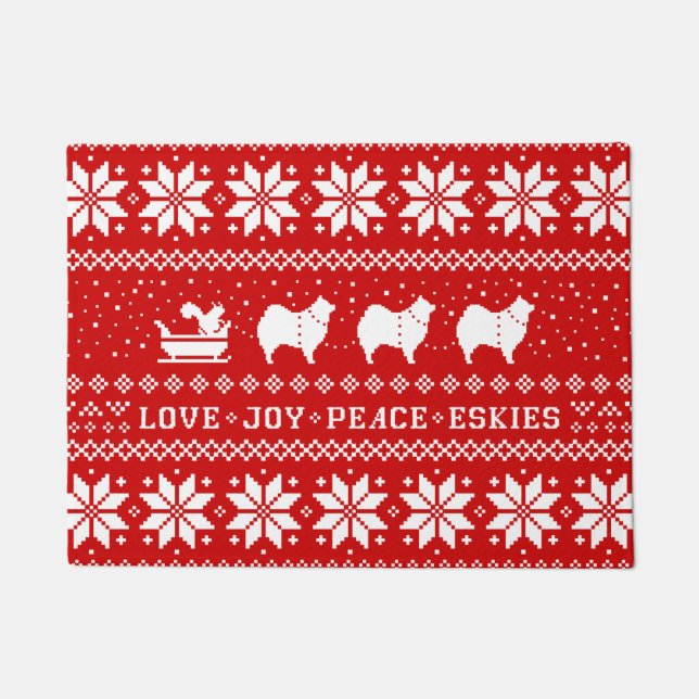 Love Joy Peace Eskies Dogs Christmas Holiday Doormat (Front)