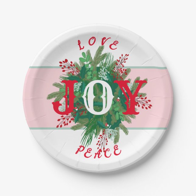 Love Joy PEACE Holiday elegant Wreath green red Paper Plate (Front)