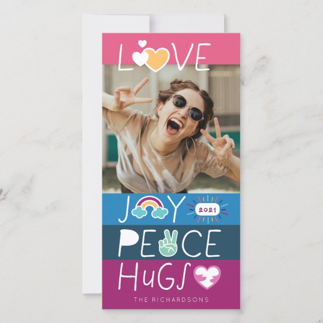 Love Joy Peace Hugs Emoji Christmas Photo Collage Holiday Card (Front)