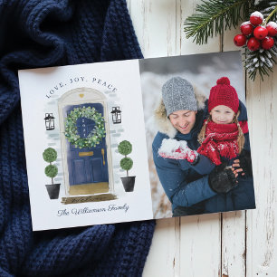 Love, Joy, Peace Navy Watercolor Front Door Photo Holiday Card