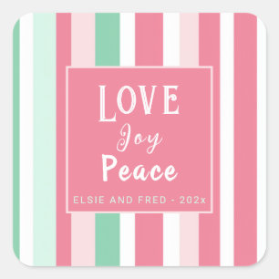  "Love Joy Peace" Pink Mint Stripes Square Sticker
