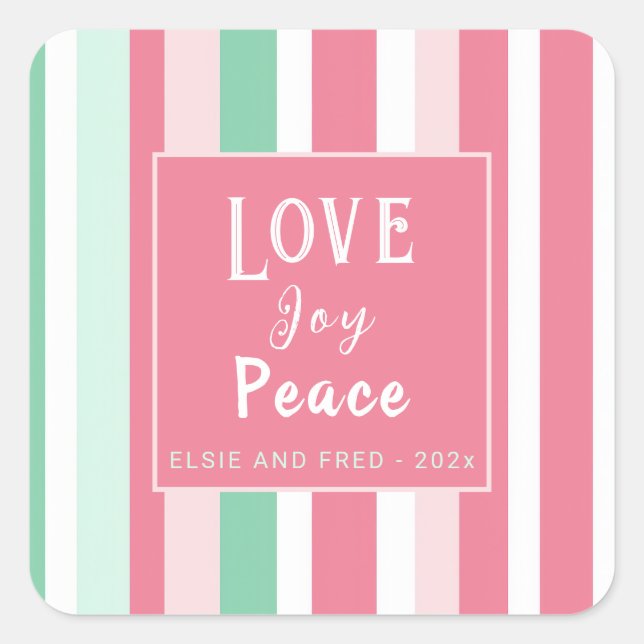  "Love Joy Peace" Pink Mint Stripes Square Sticker (Front)