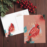 Love Joy & Peace Red Cardinal Watercolor Blush Postcard<br><div class="desc">Our cardinal spirit holiday Christmas postcard embodies warmth, life and energy inspired by nature. Expressive brush and pen strokes are combined together with our artistic stylised red cardinal bird artwork. Evoking the feeling of love, joy and peace. Saturated hues of crimson reds, blush, deep ebony black, sapphire blue and dark...</div>