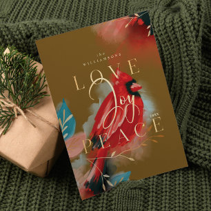 Love Joy & Peace Red Cardinal Watercolor Green Holiday Card