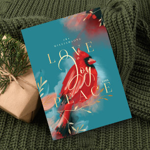 Love Joy & Peace Red Cardinal Watercolor Teal Blue Holiday Card