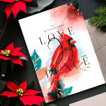 Love Joy & Peace Red Cardinal Watercolor White Holiday Card<br><div class="desc">Our cardinal spirit holiday Christmas card embodies warmth, life and energy inspired by nature. Expressive brush and pen strokes are combined together with our artistic stylised red cardinal bird artwork. Evoking the feeling of love, joy and peace. Saturated hues of crimson reds, blush, deep ebony black, sapphire blue and dark...</div>