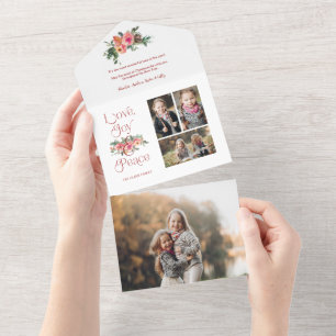 Love, Joy & Peace Typography Pastel Floral 3-Photo All In One Invitation