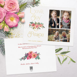 Love, Joy & Peace Typography Pastel Floral 3-Photo Foil Holiday Card