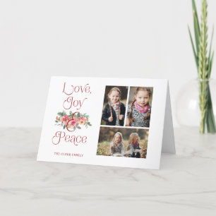 Love, Joy & Peace Typography Pastel Floral 3-Photo Holiday Card