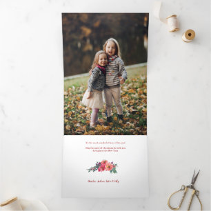 Love, Joy & Peace Typography Pastel Floral 3-Photo Tri-Fold Holiday Card