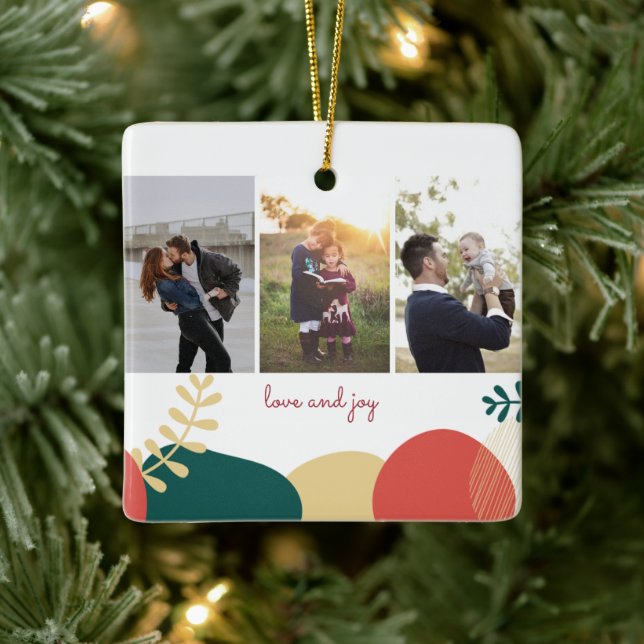 Love Joy Three Photo Family Christmas Ceramic Ornament (Tree)