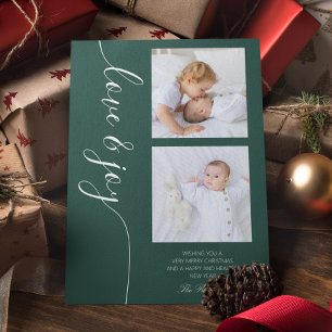 Love & Joy Two Photo Family Christmas Forest Green Holiday Card