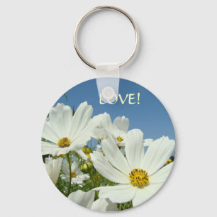 LOVE keychain WHITE DAISY FLOWERS Blue Sky