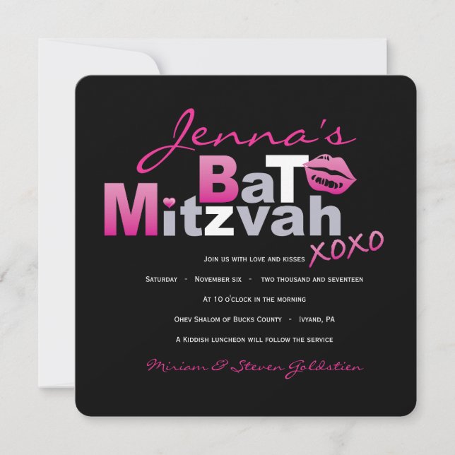 LOVE & KISSES HOT PINK Bat Mitzvah Invitation (Front)