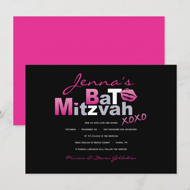 LOVE & KISSES HOT PINK Bat Mitzvah Invitation (Front/Back)