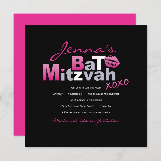 LOVE & KISSES HOT PINK Bat Mitzvah Invitation (Front/Back)