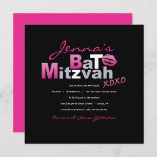 LOVE & KISSES HOT PINK Bat Mitzvah Invitation