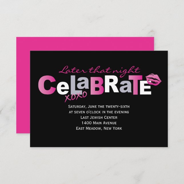 LOVE & KISSES Hot Pink Bat Mitzvah Party Card (Front/Back)