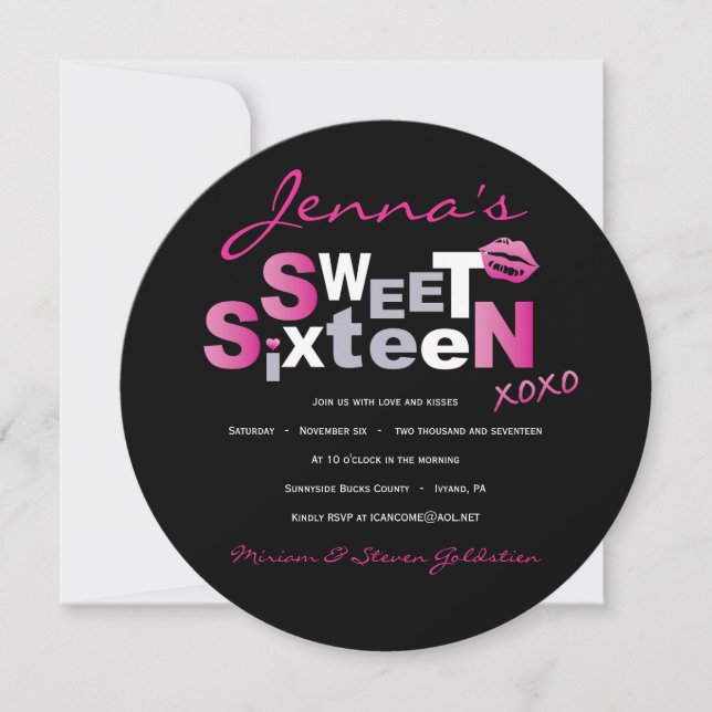 LOVE & KISSES HOT PINK Sweet Sixteen Invitation (Front)