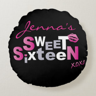 LOVE & KISSES HOT PINK Sweet Sixteen Invitation Round Cushion