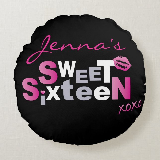 LOVE & KISSES HOT PINK Sweet Sixteen Invitation Round Cushion (Front)