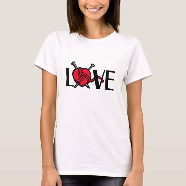Love knitting red black graphic slogan t-shirt (Front)