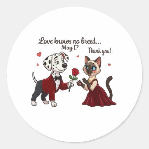 Love Knows No Breed Dalmatian and Siamese Cat Classic Round Sticker