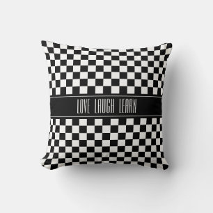 Love Laugh Learn on Black & White Chequered Cushion