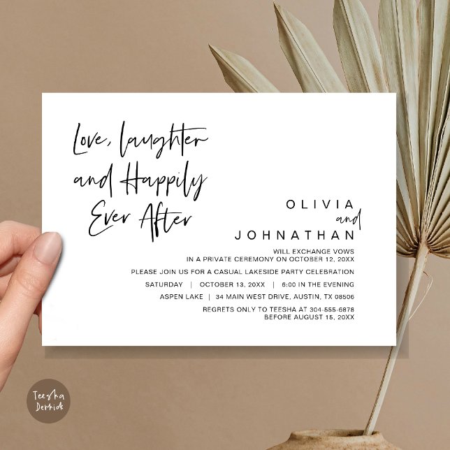 Love, Laughter and Happily ever after, Elopement Invitation (Love, Laughter and Happily ever after, Modern Wedding Elopement Invitation Card, PDF, in Black)