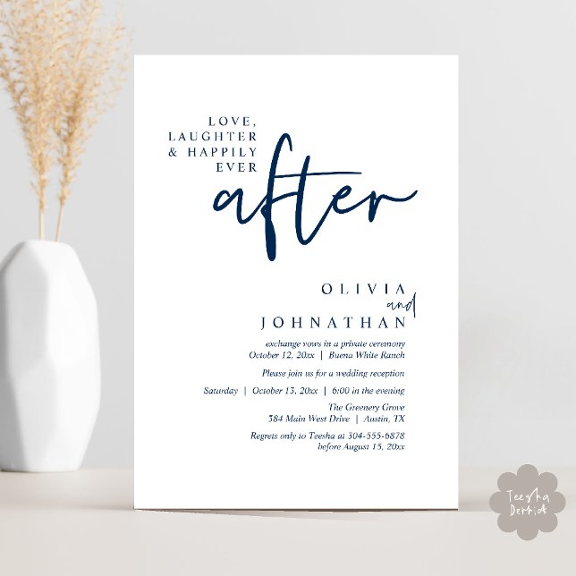 Love, Laughter And Happily Ever After Reception Invitation (Love, Laughter And Happily Ever After Reception Modern Minimalist Invitation Card PDF Navy Blue)