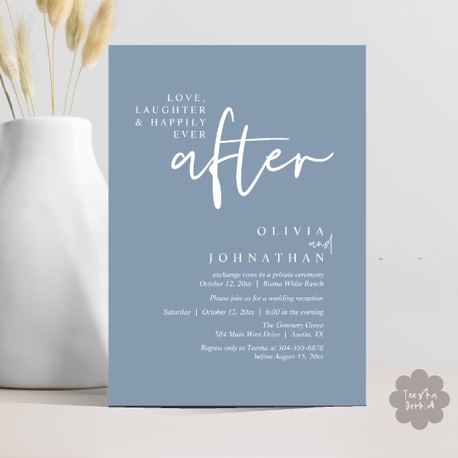 Love, Laughter And Happily Ever After Reception Invitation (Love, Laughter And Happily Ever After Reception Modern Minimalist Invitation Card PDF Dusty Blue)
