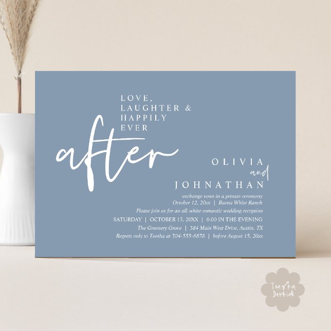 Love, Laughter And Happily Ever After Reception Invitation (Love, Laughter And Happily Ever After Reception Modern Minimalist Invitation Card PDF Dusty Blue)