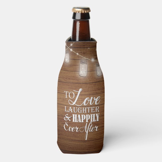 Love Laughter Barn Wood Mason Jar Wedding Favour Bottle Cooler (Bottle Front)