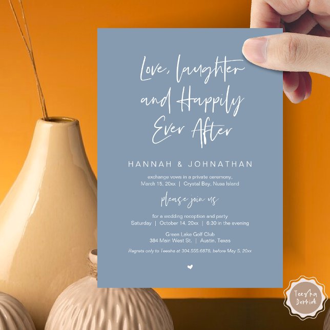 Love, Laughter, Black, Wedding Elopement Party Invitation (Love Laughter Happily Ever After Wedding Elopement Dinner Party Invitation Card, PDF, Dusty Blue)