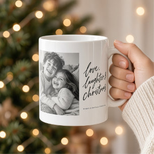 Love Laughter Christmas Black Script Photo Coffee Mug