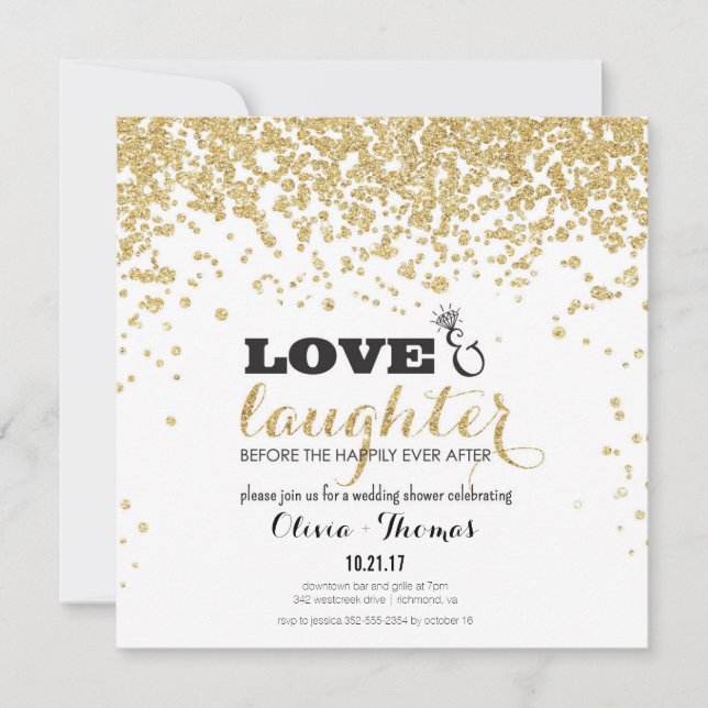 Love & Laughter Gold Glitter Wedding Shower Invite (Front)